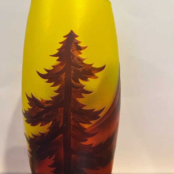 Yellow Cameo Glass Vase with Mountain Scene and Trees - Picture 5 of 9